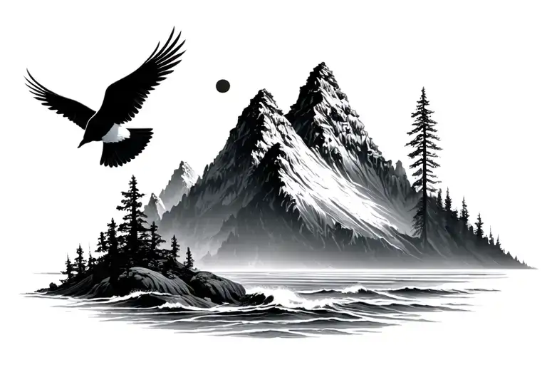 mountain trees ocean birds tattoo design idea
