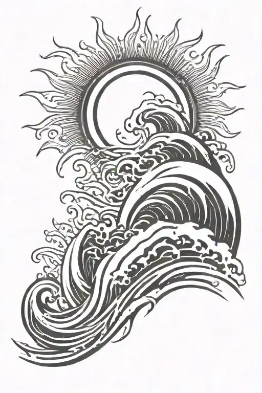 sun and waves flowing tattoo design idea