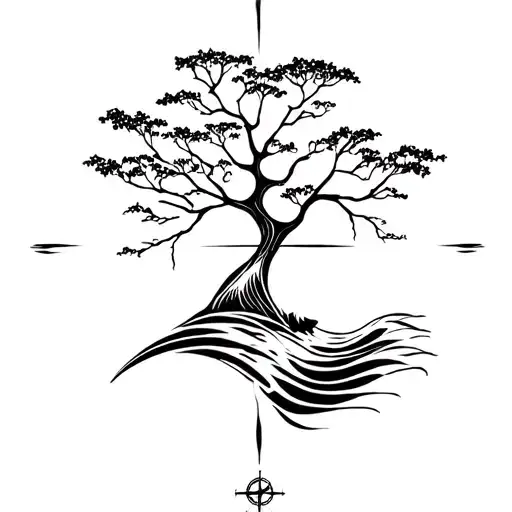 Acacia tree, lion, wave, compass rose tattoo design idea