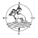 Acacia tree, lion, wave, compass rose tattoo design idea