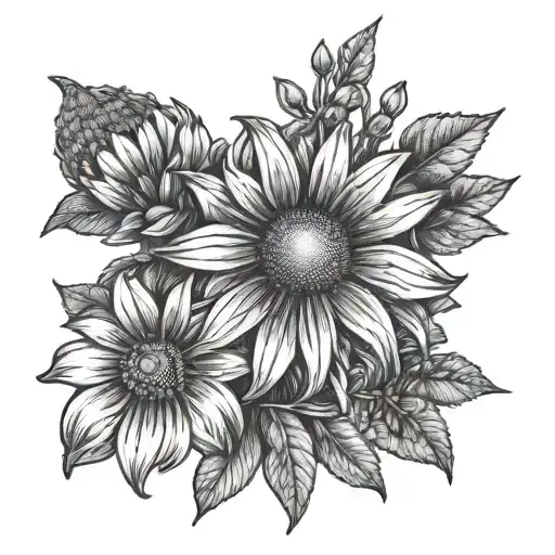 coneflower, daisy, and lion head tattoo design idea