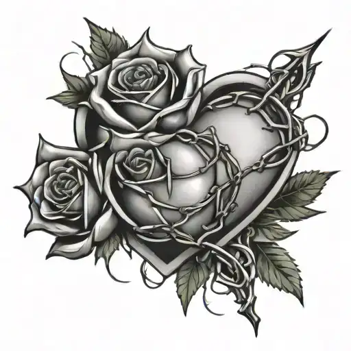heart, around the heart a rose with thorns and barbed wire tattoo design idea