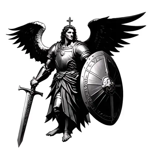 saint michael with the full armor of God on with a sword in one hand and shield in the other... make it realistic  tattoo design idea