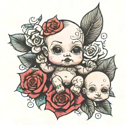 roses and kewpie baby 70s tattoo design idea