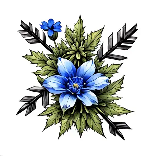 Arrows with Hemlock, Cactus and blue bonnet flower tattoo design idea