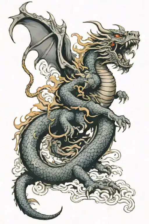 Dragon floating around jappanese warrior and sinful demon tattoo design idea