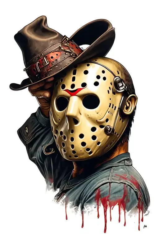   freddy krueger holding Jason voorhees’s mask infront of his face in at side profile realism tattoo design idea