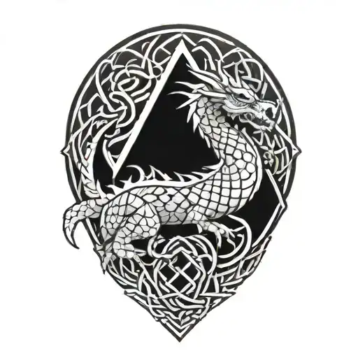 dragon with celtic knot scales wrapping around a Valknut  tattoo design idea