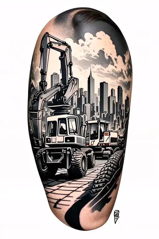A sleeve tattoo depicting a city skyline with construction machines like excavators and tractors in the foreground tattoo design idea