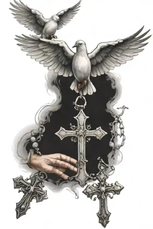 Cross with hands and a rosary. Above is a dove. Background with shadows. tattoo design idea