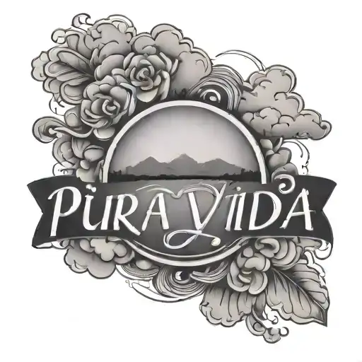 The words Pura Vida on top of a cloud background on the inner bicep tattoo design idea