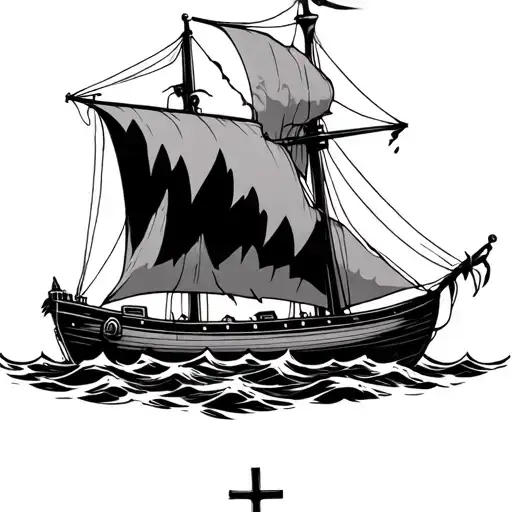 a fineline boat with a torn sail and a cross as the mast  tattoo design idea