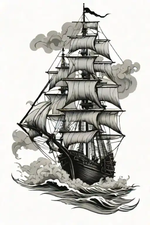 pirate ship sailing through stormy seas tattoo design idea