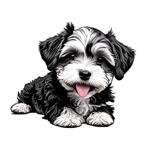 Cavoodle dog sitting and licking his nose tattoo design idea