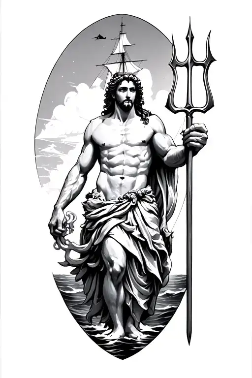 Poseidon holding a trident with a ship sailing tattoo design idea