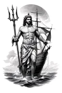 Poseidon holding a trident with a ship sailing tattoo design idea