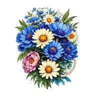 cornflowers, daisies, peonies and a string of pearls tattoo design idea