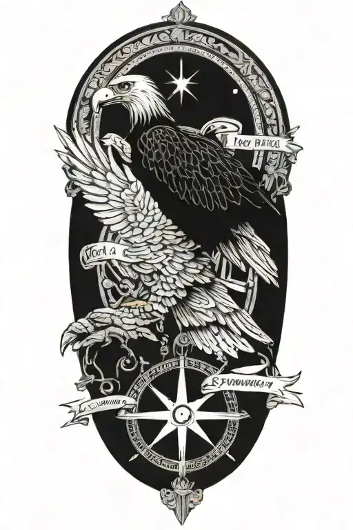all seeing eye in compass, Ariadne's thread, a bald eagle, and the words "confusio regnat" tattoo design idea