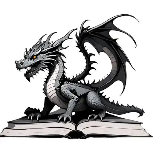 Dragon sitting on books tattoo design idea