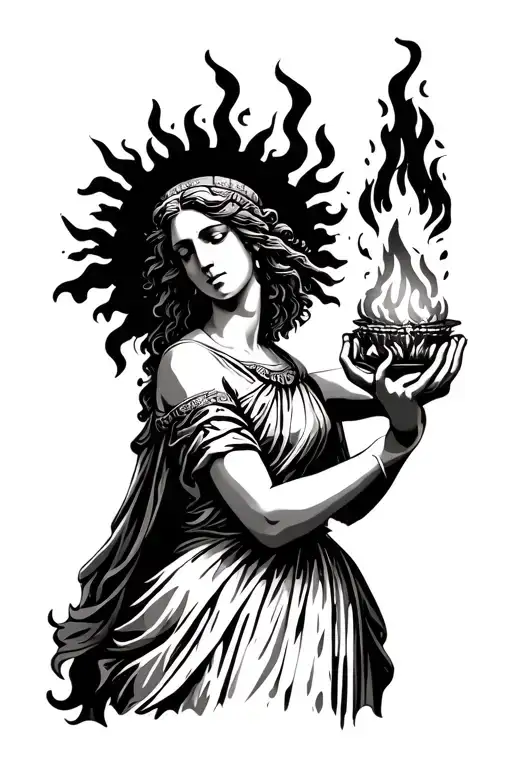 Greek goddess hestia holding fire in hands tattoo design idea
