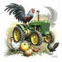 farm scene featuring John Deere tractor, a rooster fight, grandma picking tomatoes from the garden, gran picking apples  tattoo design idea