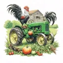 farm scene featuring John Deere tractor, a rooster fight, grandma picking tomatoes from the garden, gran picking apples  tattoo design idea