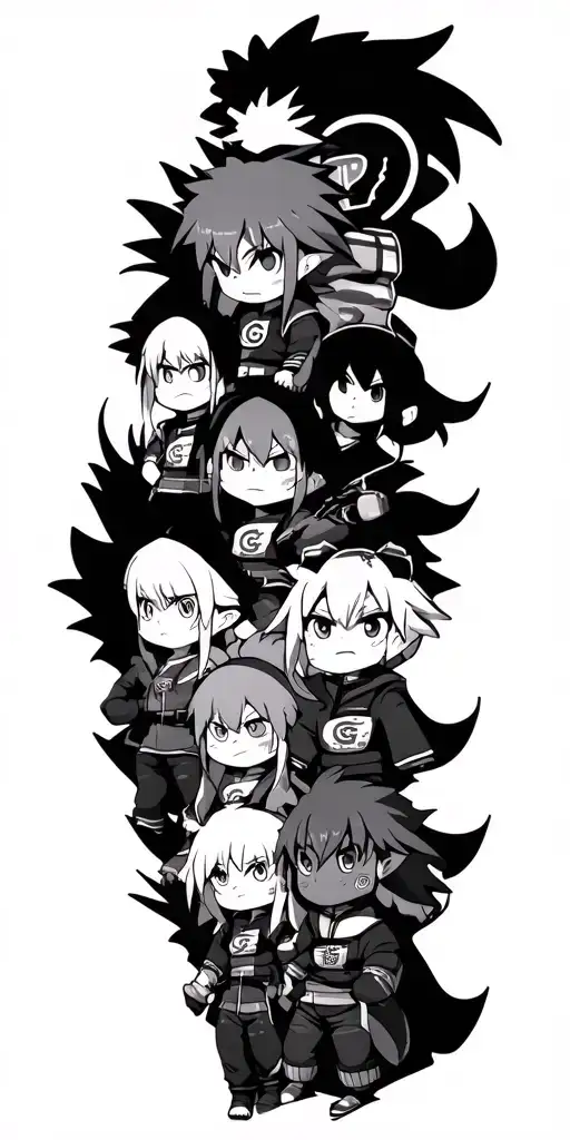 "Chibi forms of each Anime." Animations of Bleach, pokemon, yugioh, DragonBall, naruto, one piece, Inuyasha, Fullmetal Alchemist, and yu yu hakusho. tattoo design idea