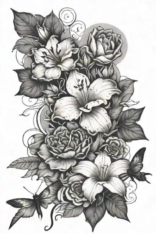 A floral design including carnation, morning glory, water lily,  gladiolus, dragonfly and a triangle and armband dainty tattoo design idea