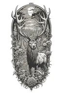 Scottish stag, thistle, woodland scene tattoo design idea