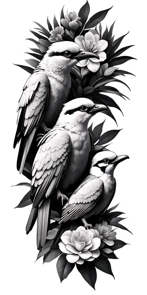 amalgamation of cockatoos, galahs, kookaburras an lorakeets all intertwined eith australiana foilage and flowers  tattoo design idea
