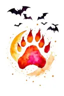 wolf paw print with crescent moon and bats flying across tattoo design idea