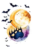 wolf paw print with crescent moon and bats flying across tattoo design idea