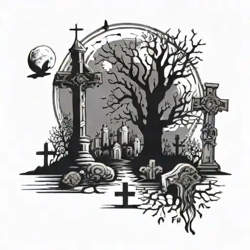 cemetery with crosses with tree and moon tattoo design idea