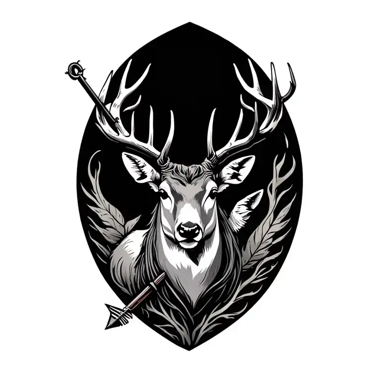 rifle, arrow, deer, fishing hook intertwined tattoo design idea