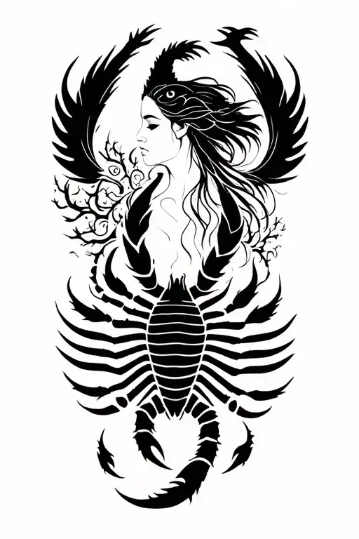 sillouette of a woman serene and powerful. A scorpion shaping her chest reincarnate phoenix and dragon tattoo design idea