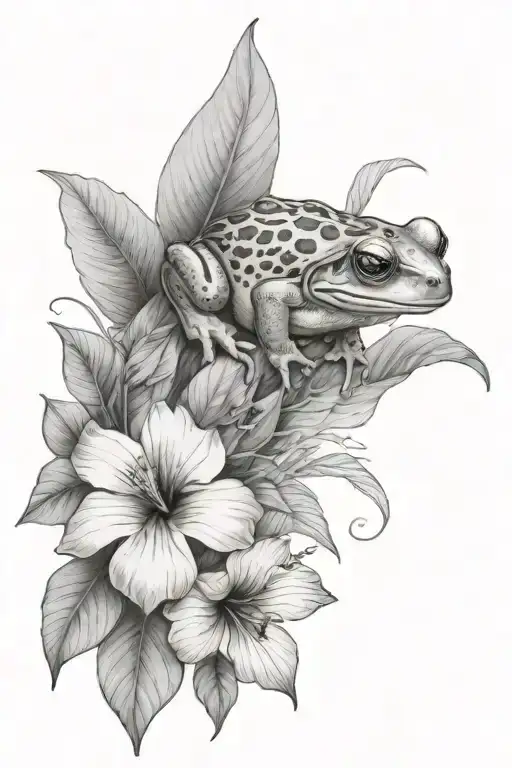 small frog and tropical leaves and hibiscus tattoo design idea