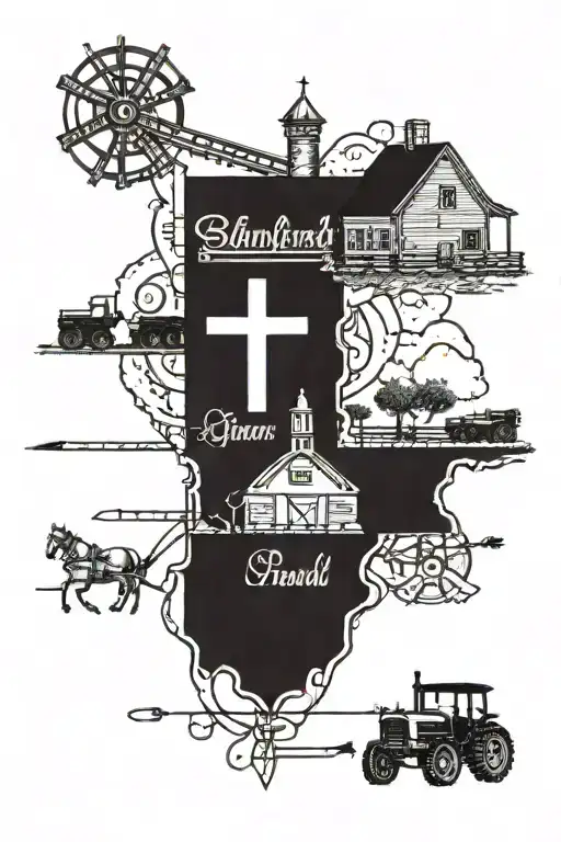 A tattoo with the name "Sanford" with a schoolhouse, farmall tractor, mule-drawn plow, and three crosses  tattoo design idea