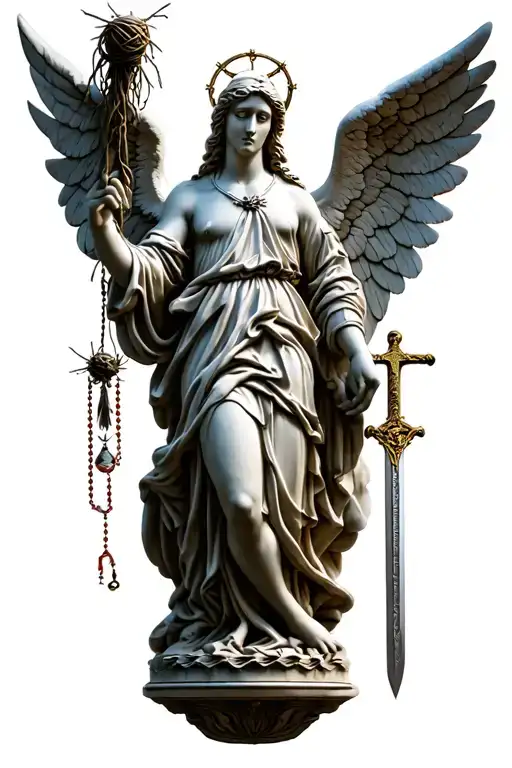 angel statue holding a yarn of thorns in one hand and a rosary in the other. standing on a sword hilt tattoo design idea