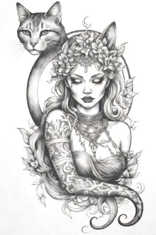 freya and moon holding cat  tattoo design idea
