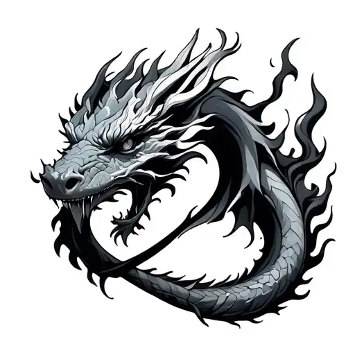 Peaceful dragon in an infinity symbol form with fire on one side and ice on the other tattoo design idea
