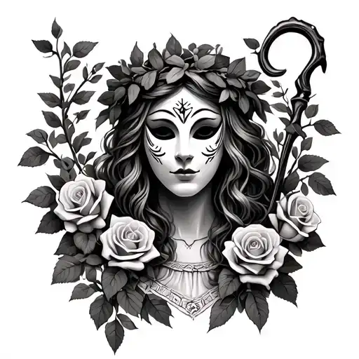 Greek muse of comedy Thalia with a Comic mask, Ivy wreath, Shepherd's crook, she in surrounded and there are 11 roses tattoo design idea