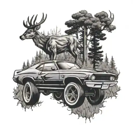 A muscle car racing through a forest with deer running alongside tattoo design idea