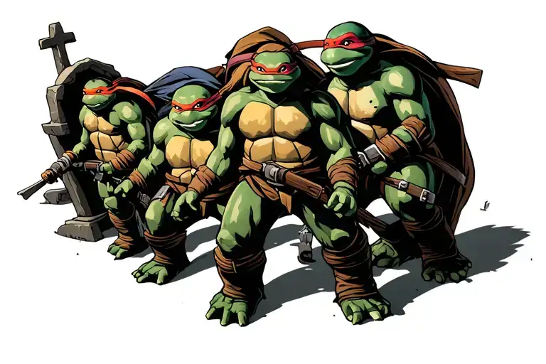 The tattoo depicts 3 ninja turtles and one grave (all tightly together) Michelangelo is supposed to look like a drug a tattoo design idea