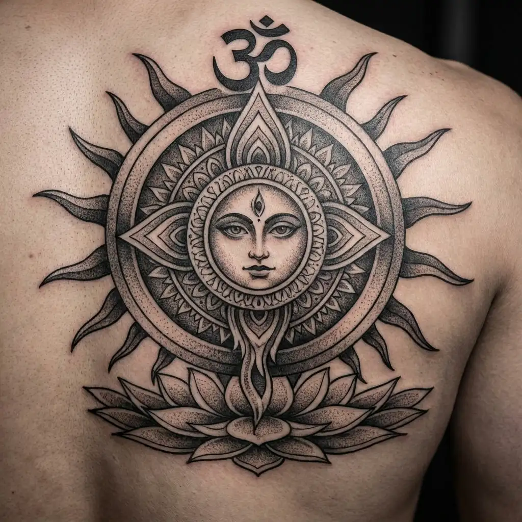Trishul + om + surya (sun) + sri yantra tattoo design idea