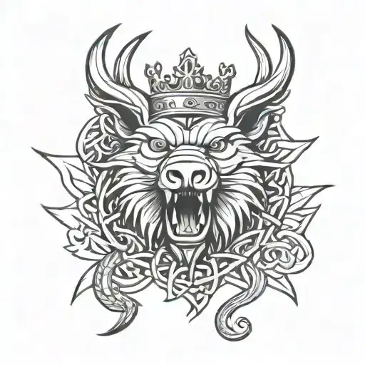 boar head and st michaels sword and wings wearing a crown background celtic knot tattoo design idea