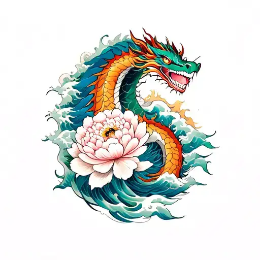 irezumi peony, waves and dragon back design tattoo design idea