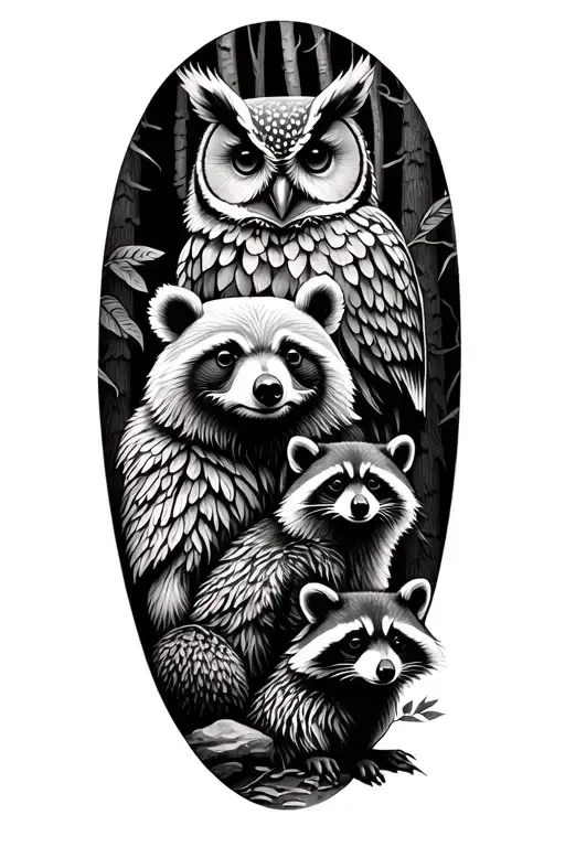 full forest scene with a bear owl canary and raccoon  tattoo design idea