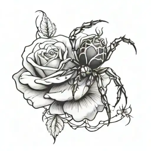 rose with spider hanging tattoo design idea
