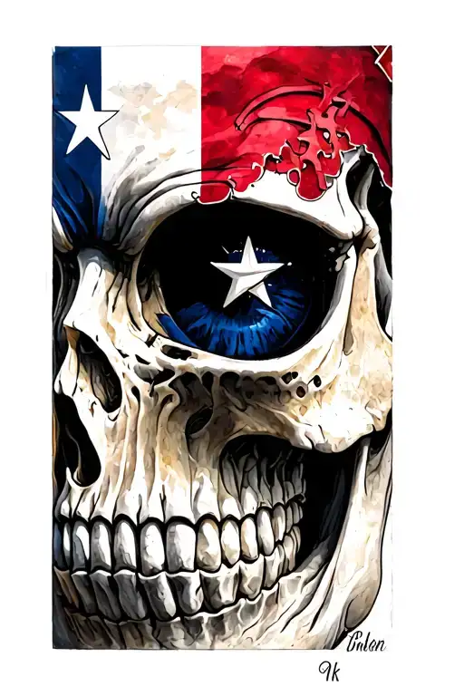 elaborate skull with texas flag in left eye and chicago flags in right eye tattoo design idea