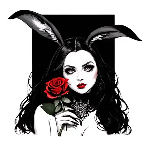sexy vampite bunny girl. black hair tattoo holding a rose seen from her waste up tattoo design idea